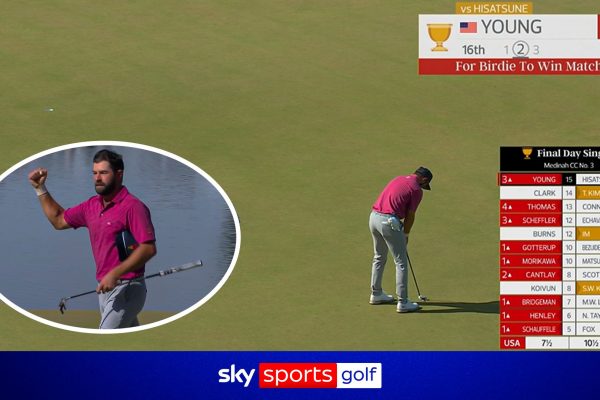 Young makes HUGE birdie at the 16th to defeat Hisatsune and win first singles point!